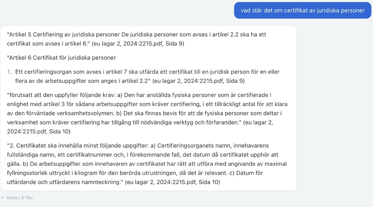 IntelliSearch citerar exakt ur EU-regelverk med dokumentnamn och sida